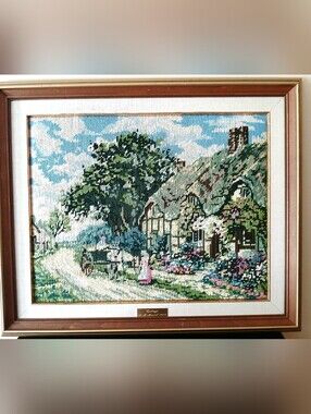 Vintage Framed Needlepoint Cottage Landscape Wall Art - Beige, Green, Blue